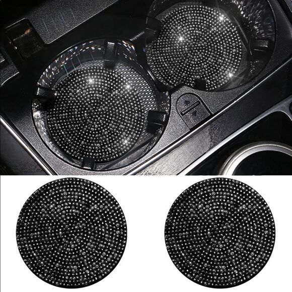 Black Bling Rhinestone Car Coasters for Cup Holder 2 Pack - Picture 2 of 6